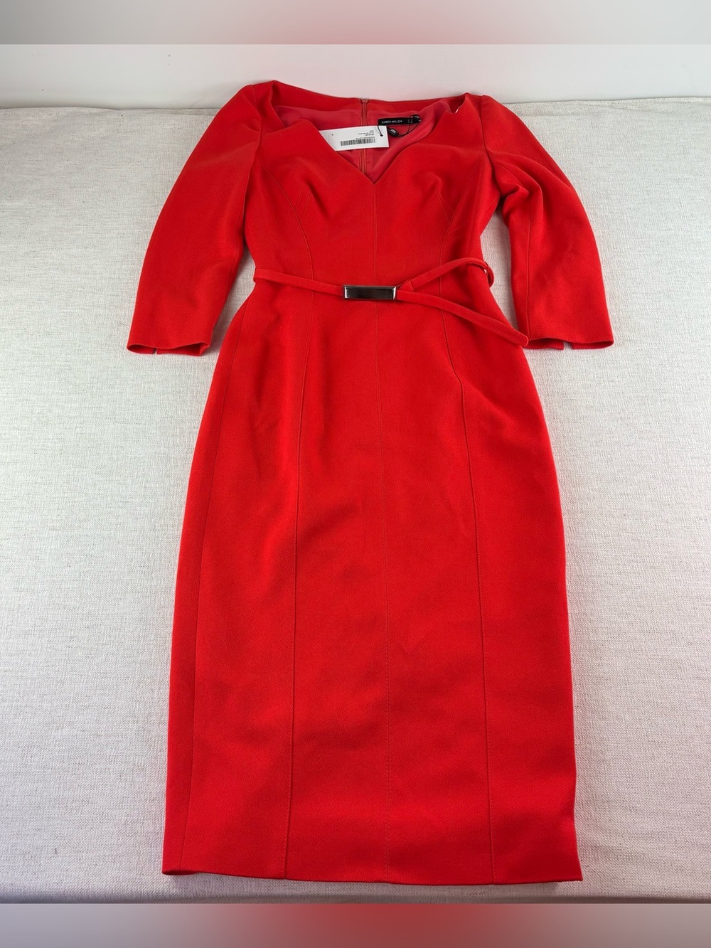Karen Millen New women size 8 Forever Bar Belted Sheath Dress in red 3/4 sleeve